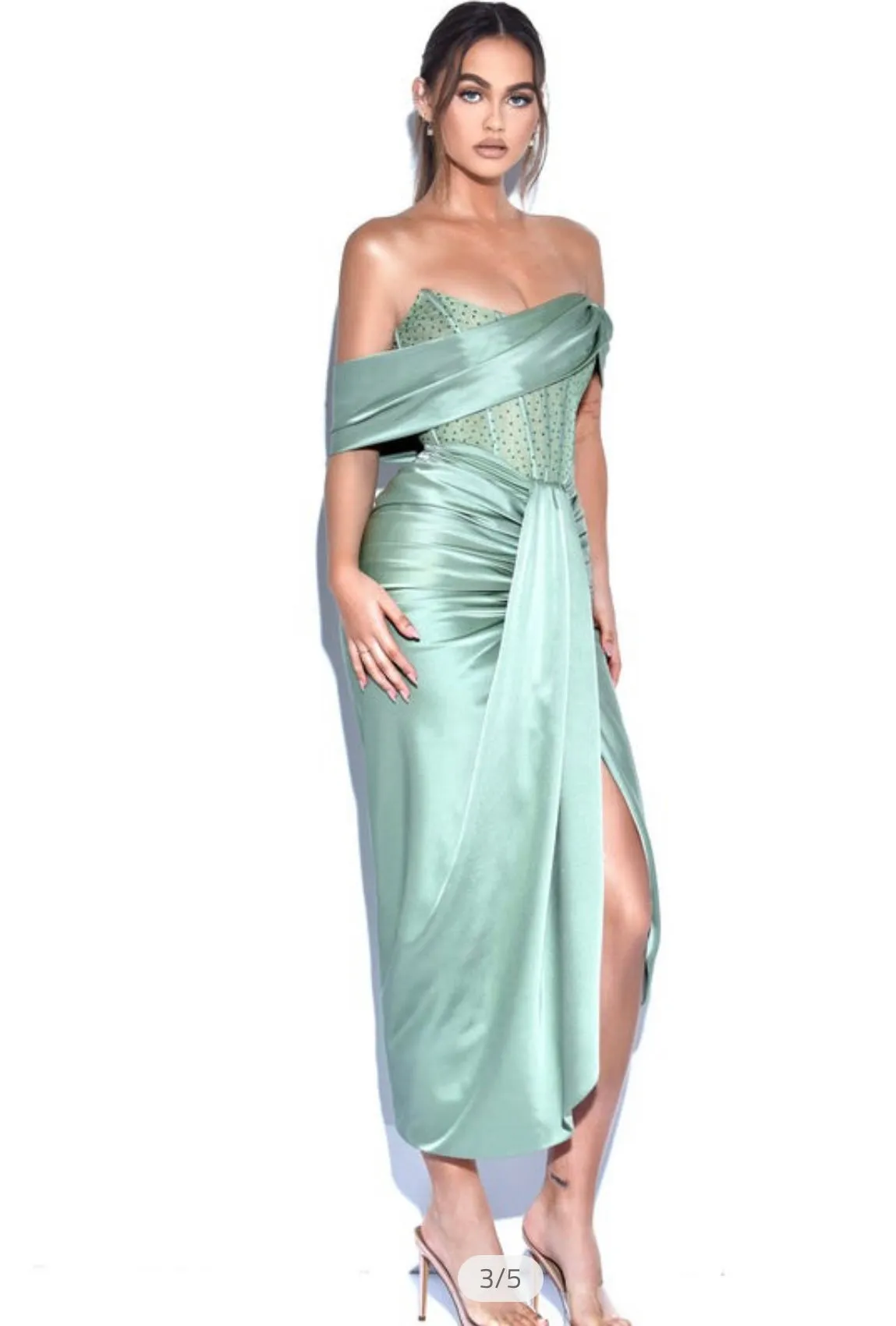 "EMILY" BASIL OFF SHOULDERS CRYSTAL SATIN GOWN