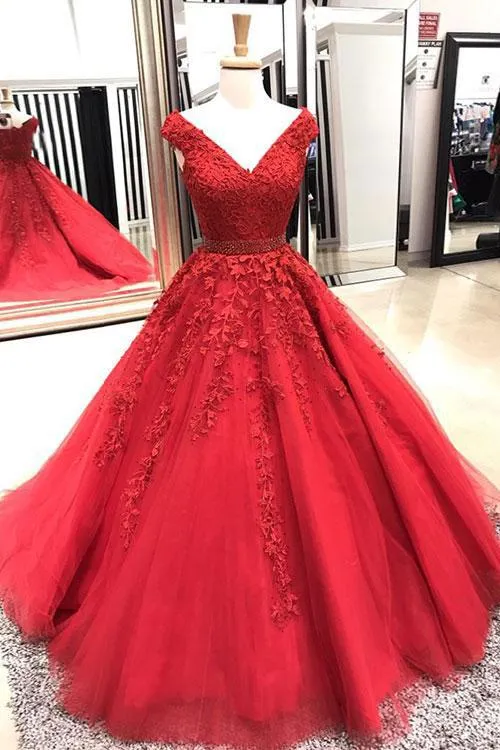 red prom dresses 2020 lace applique v neck beaded elegant prom ball gown robe de soiree