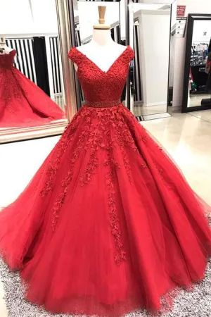 red prom dresses 2020 lace applique v neck beaded elegant prom ball gown robe de soiree
