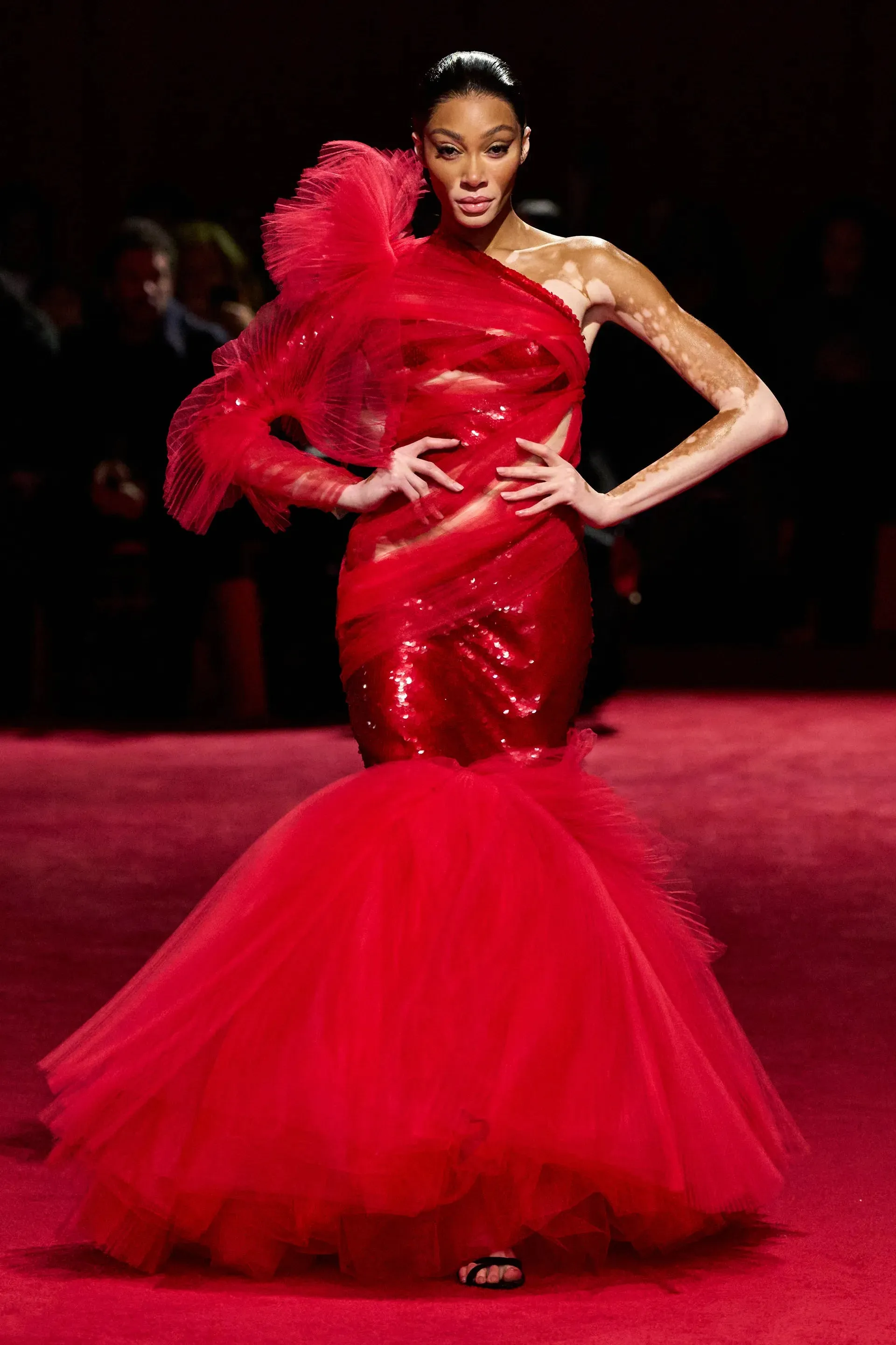 Red Sequin and Pleated Tulle Mermaid Gown