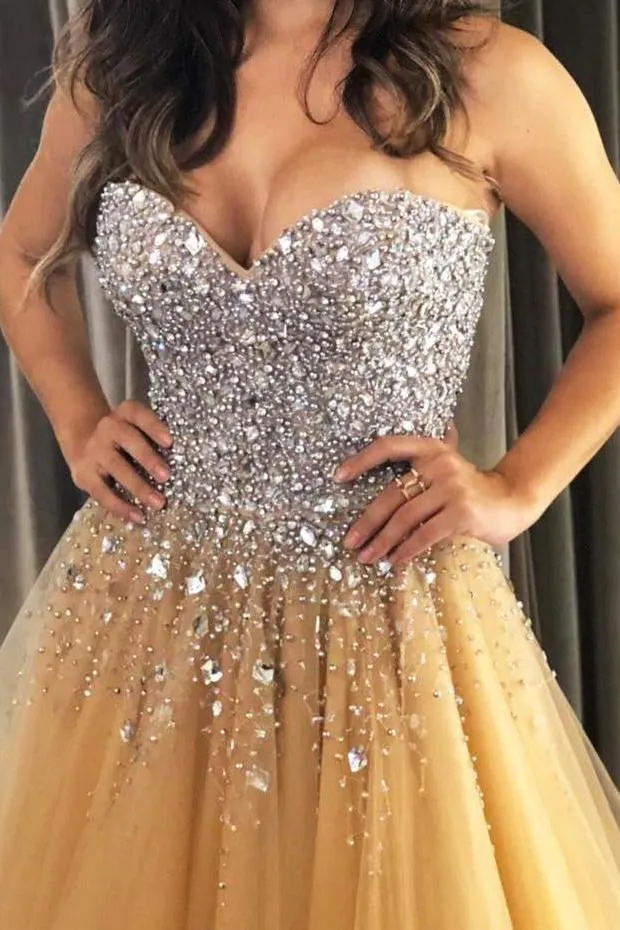 Rhinestones Sweetheart Champagne Prom Dress Tulle Skirt