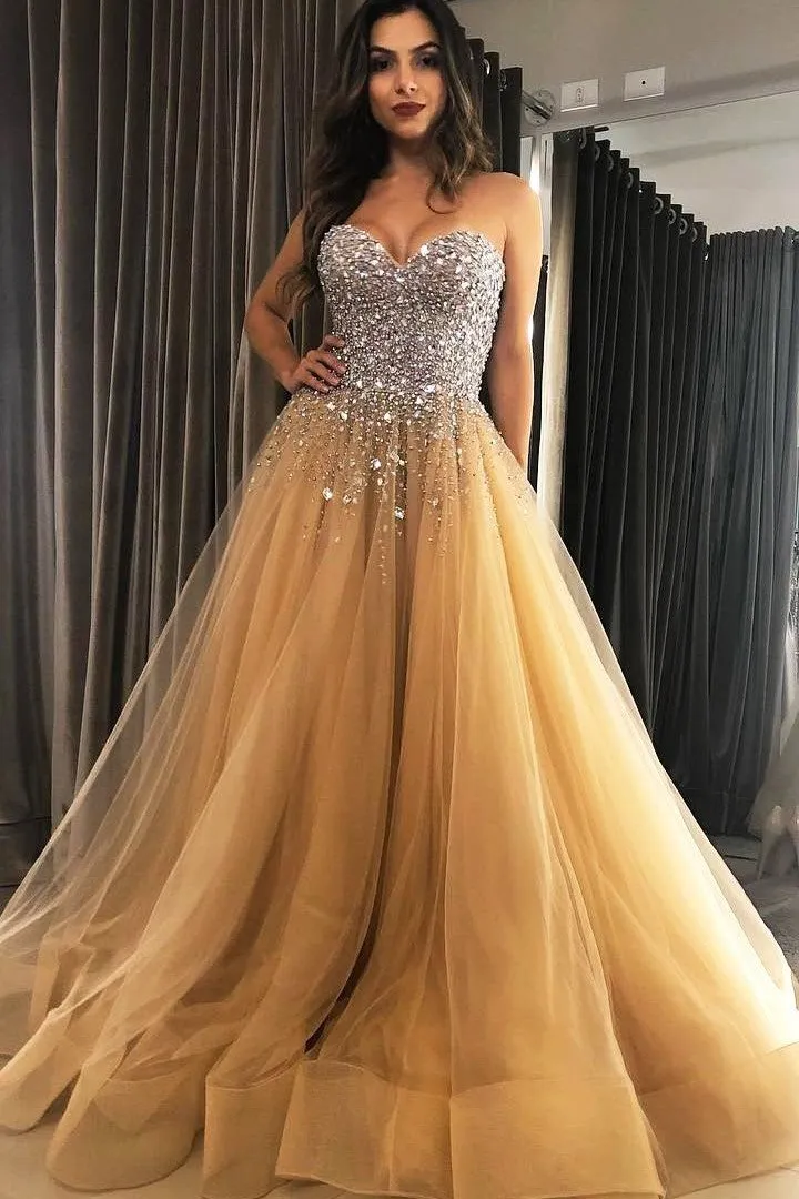 Rhinestones Sweetheart Champagne Prom Dress Tulle Skirt