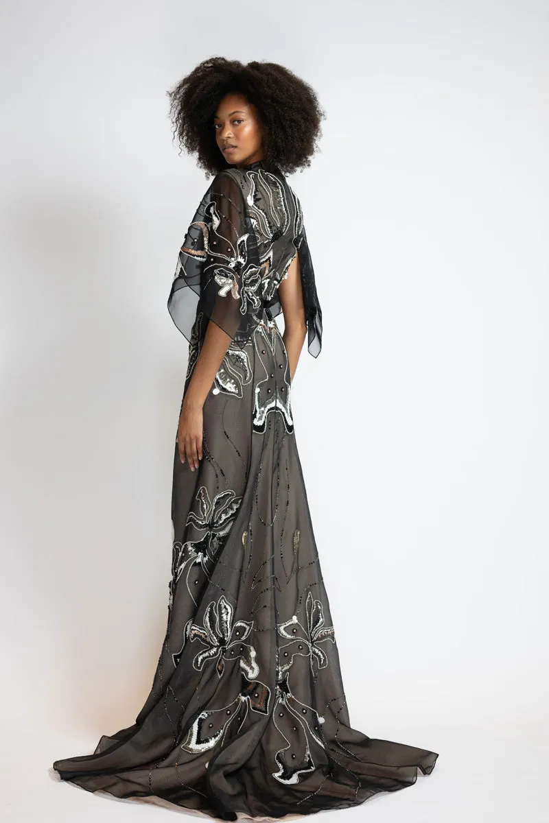Rhyme Embroidered Black Organza Gown with Winged Sleeves
