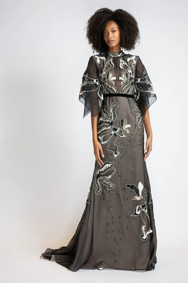 Rhyme Embroidered Black Organza Gown with Winged Sleeves