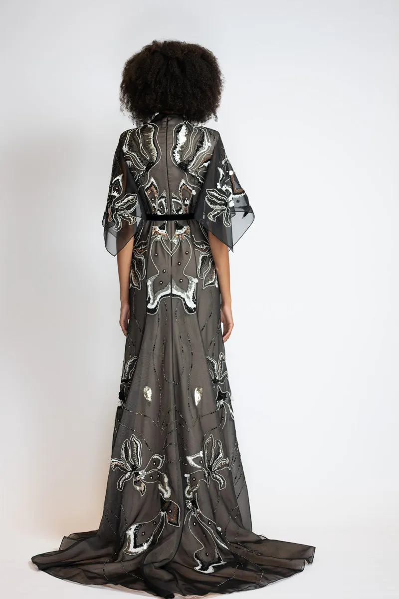 Rhyme Embroidered Black Organza Gown with Winged Sleeves