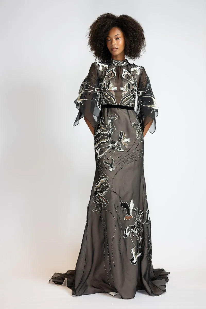 Rhyme Embroidered Black Organza Gown with Winged Sleeves