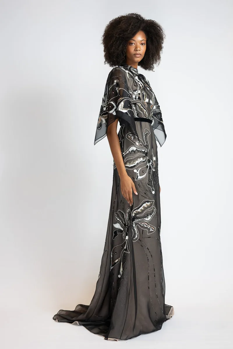 Rhyme Embroidered Black Organza Gown with Winged Sleeves