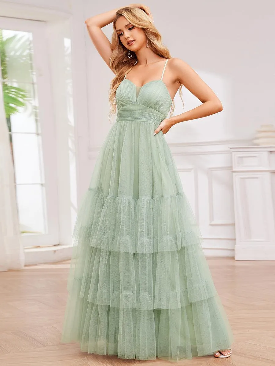 Robe de demoiselle d'honneur à bretelles spaghetti en tulle à plusieurs niveaux