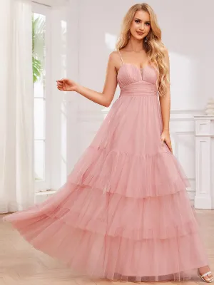 Robe de demoiselle d'honneur à bretelles spaghetti en tulle à plusieurs niveaux