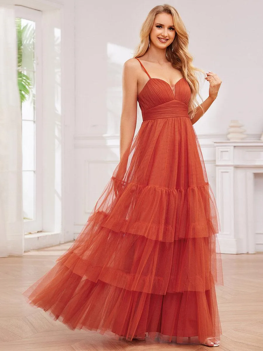 Robe de demoiselle d'honneur à bretelles spaghetti en tulle à plusieurs niveaux