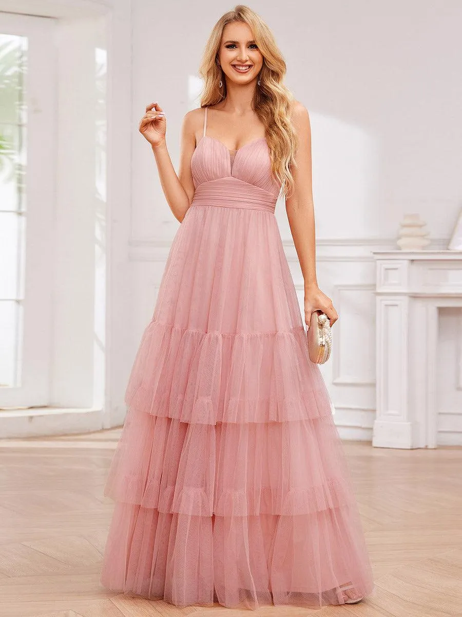 Robe de demoiselle d'honneur à bretelles spaghetti en tulle à plusieurs niveaux