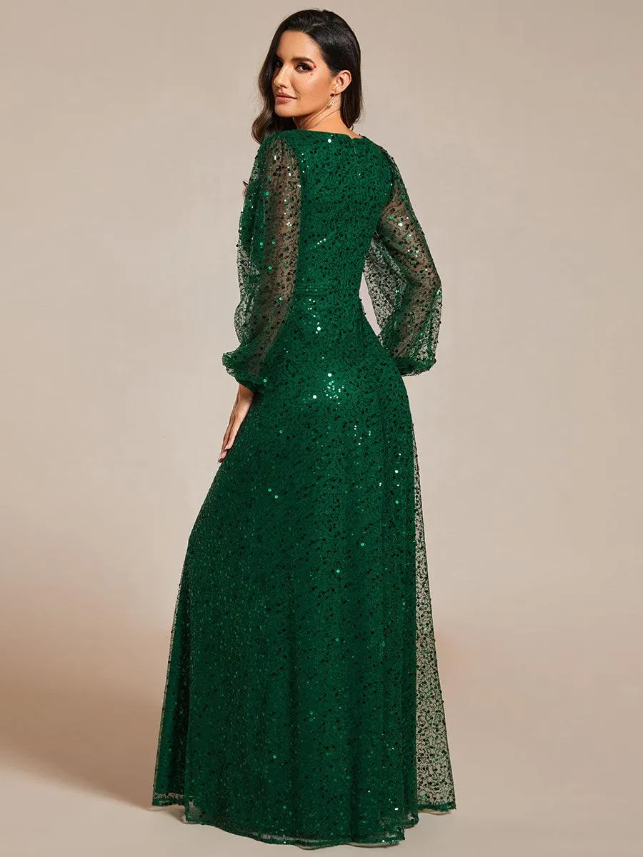Robe de soirée trapèze à paillettes col en V manches longues et paillettes