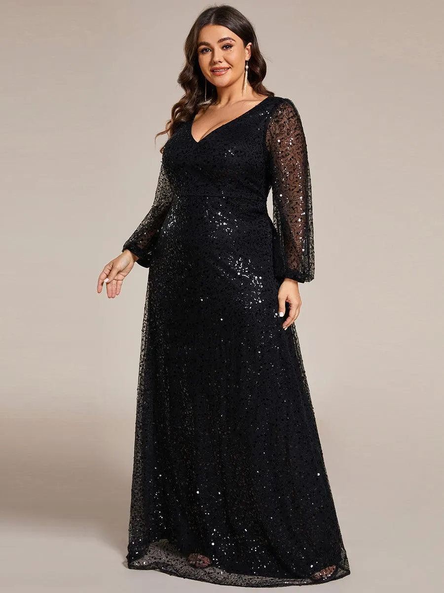 Robe de soirée trapèze à paillettes col en V manches longues et paillettes