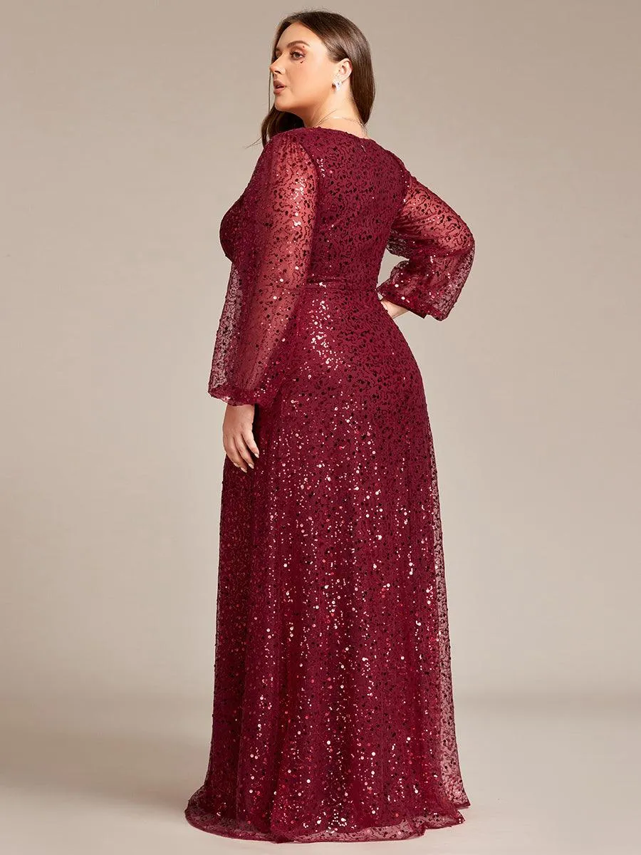 Robe de soirée trapèze à paillettes col en V manches longues et paillettes