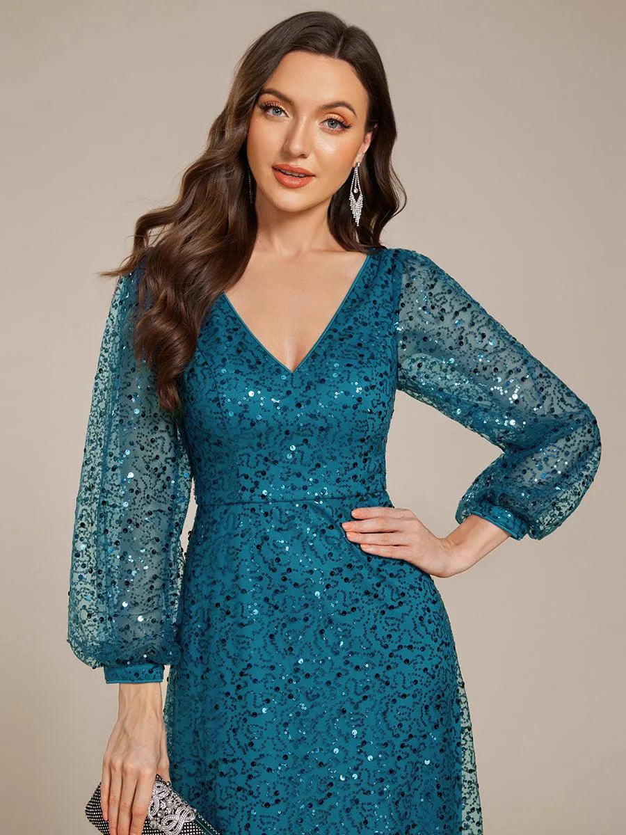 Robe de soirée trapèze à paillettes col en V manches longues et paillettes
