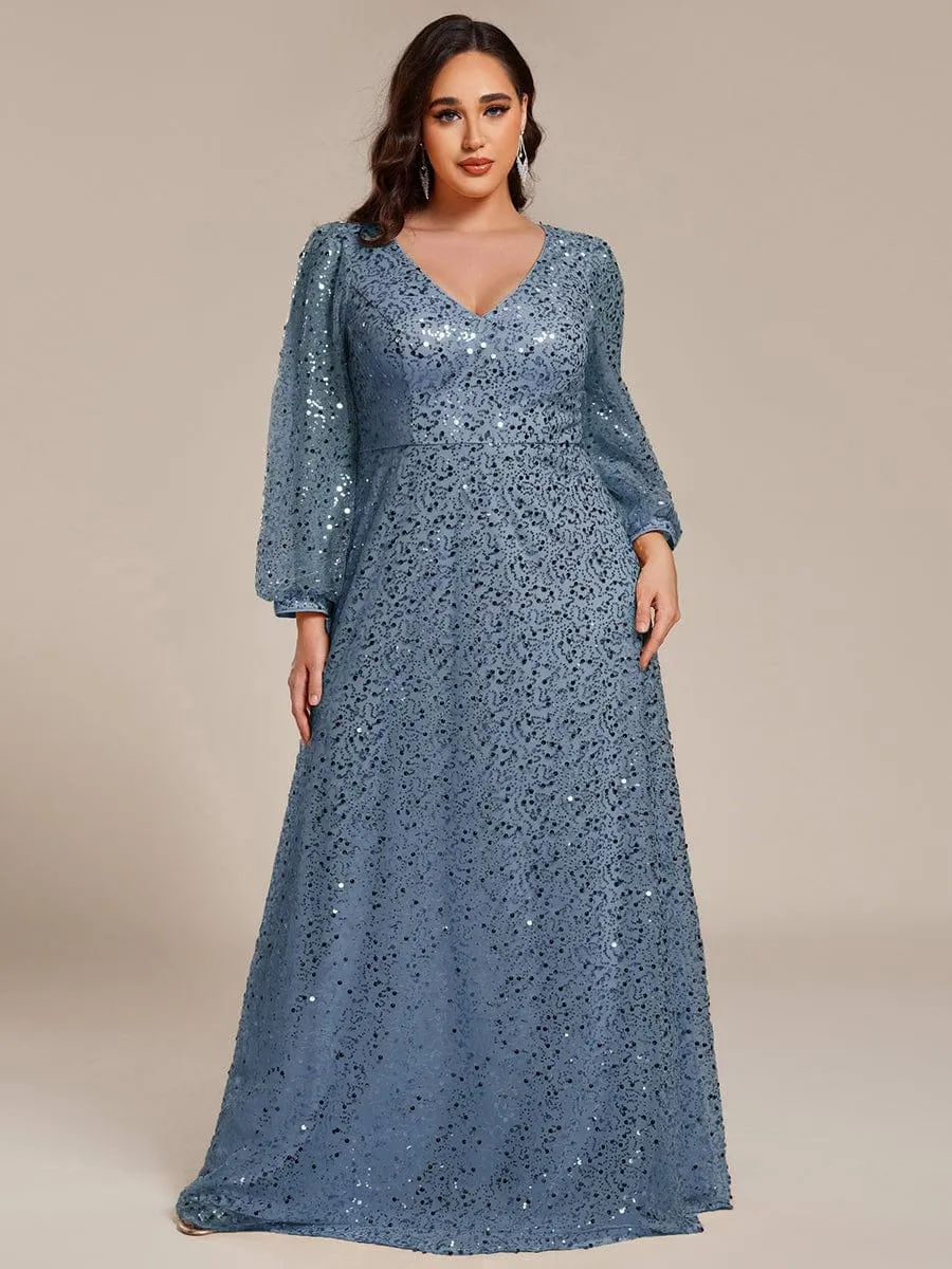 Robe de soirée trapèze à paillettes col en V manches longues et paillettes