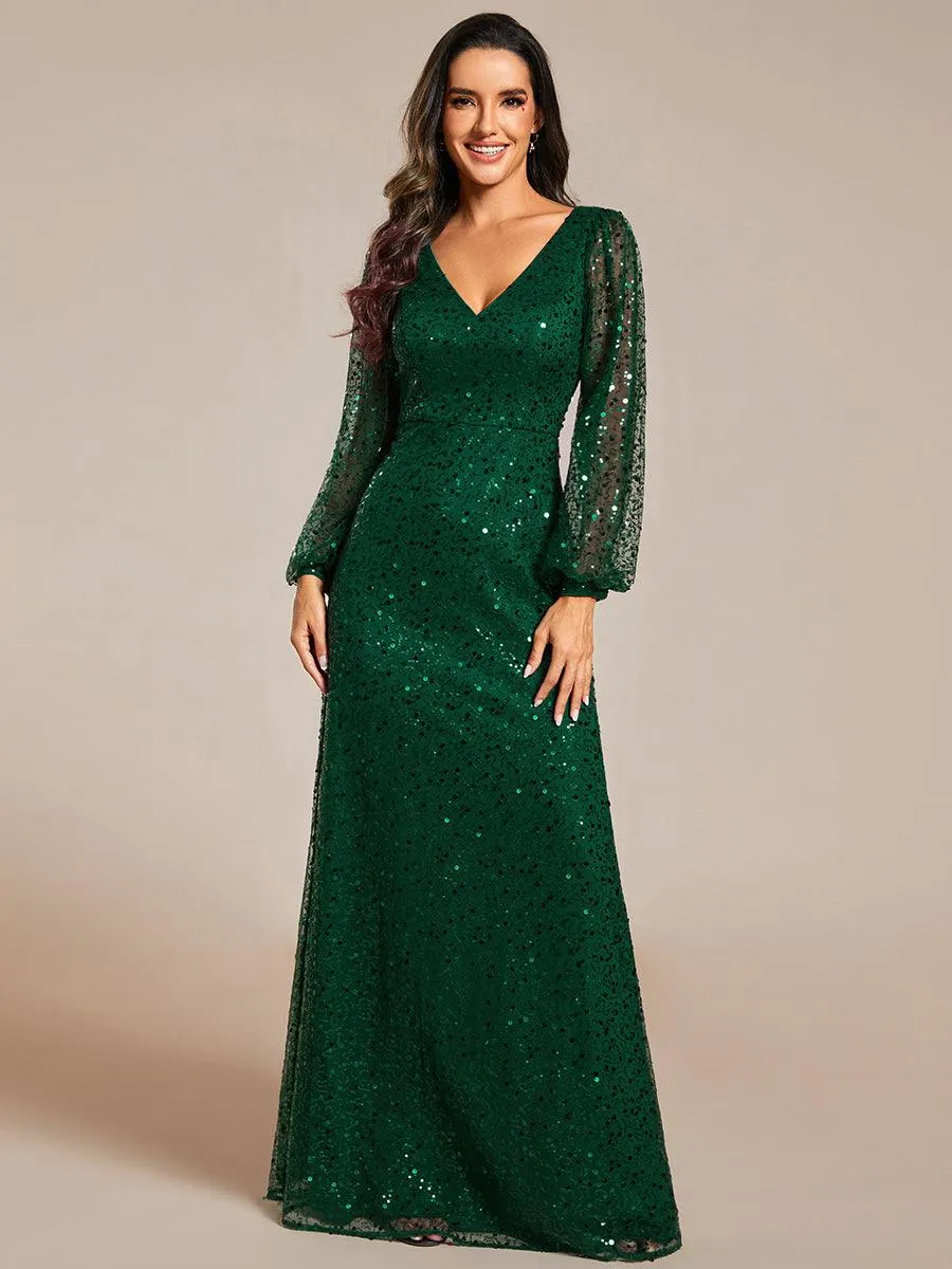 Robe de soirée trapèze à paillettes col en V manches longues et paillettes