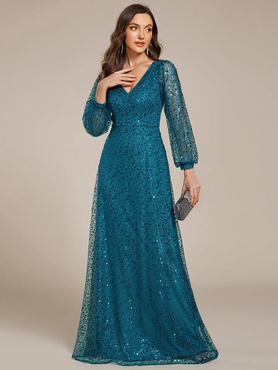 Robe de soirée trapèze à paillettes col en V manches longues et paillettes