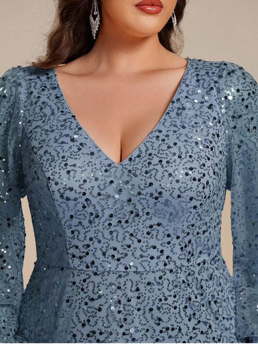 Robe de soirée trapèze à paillettes col en V manches longues et paillettes