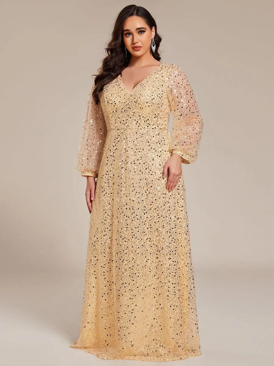 Robe de soirée trapèze à paillettes col en V manches longues et paillettes