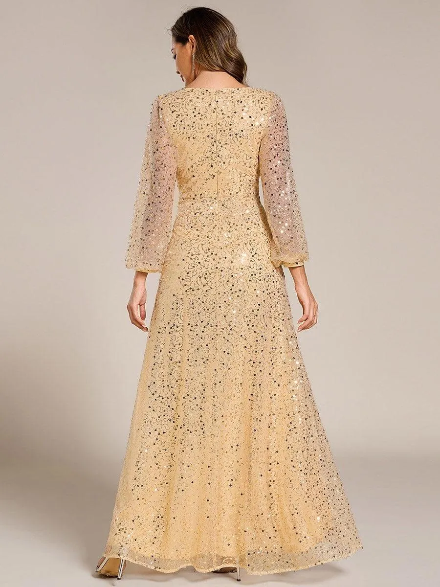 Robe de soirée trapèze à paillettes col en V manches longues et paillettes