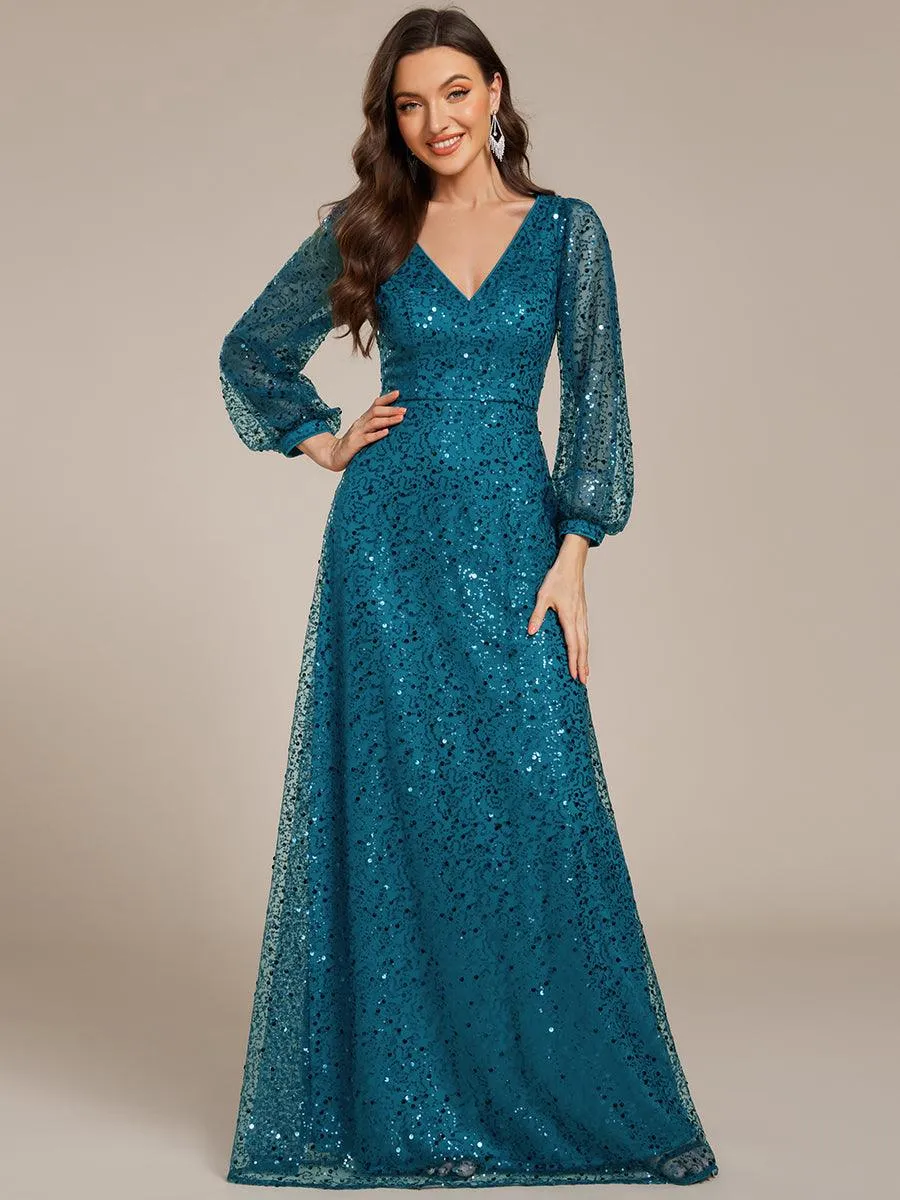Robe de soirée trapèze à paillettes col en V manches longues et paillettes