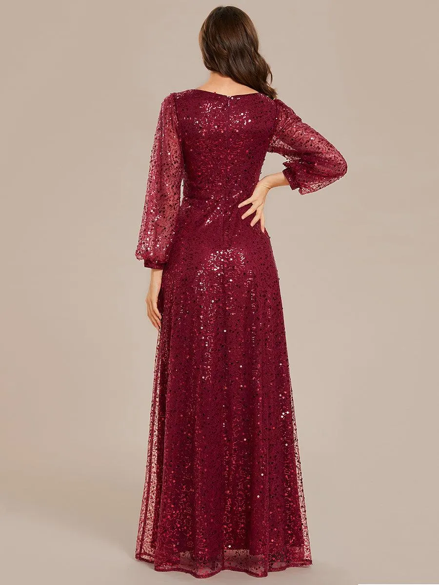 Robe de soirée trapèze à paillettes col en V manches longues et paillettes