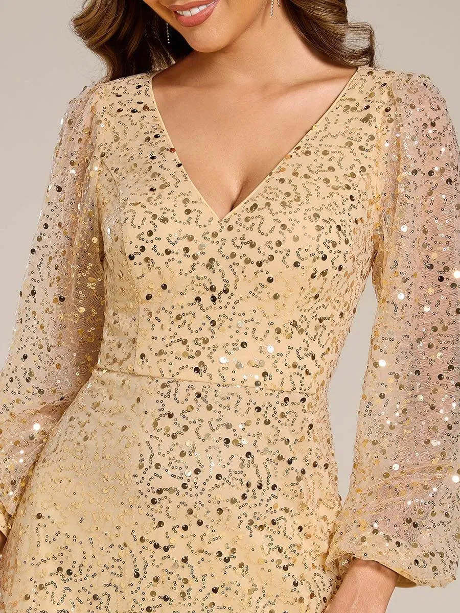Robe de soirée trapèze à paillettes col en V manches longues et paillettes