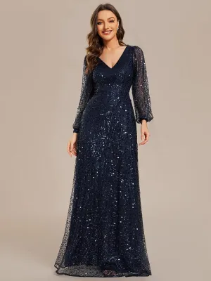 Robe de soirée trapèze à paillettes col en V manches longues et paillettes