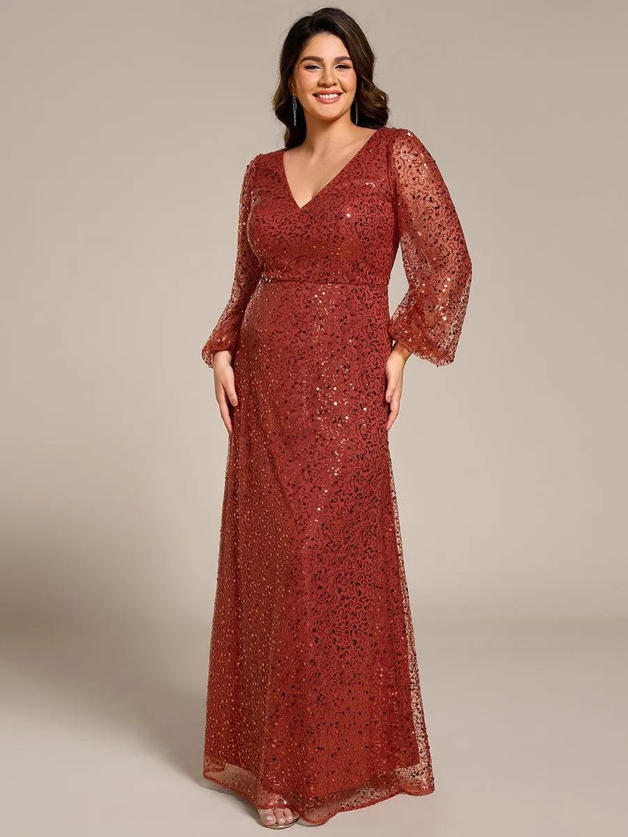 Robe de soirée trapèze à paillettes col en V manches longues et paillettes