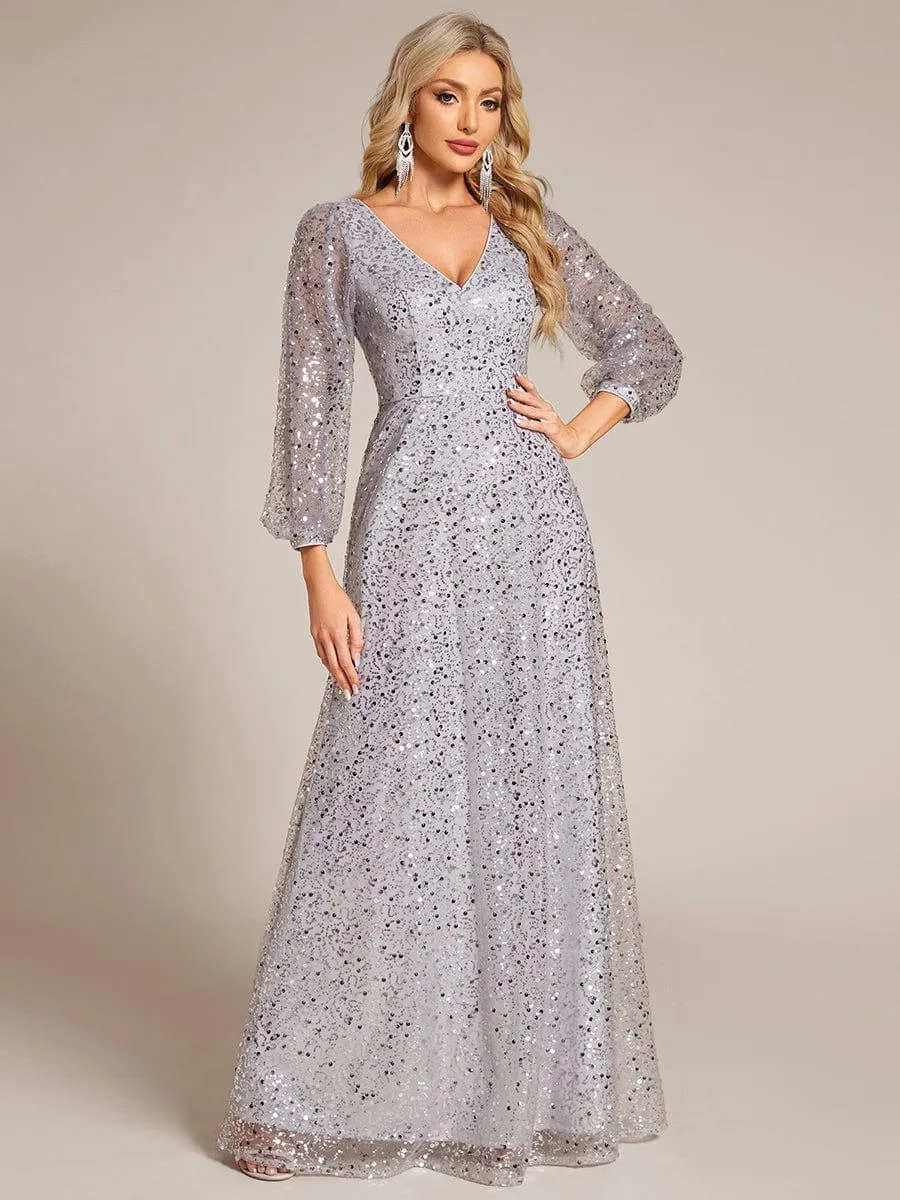 Robe de soirée trapèze à paillettes col en V manches longues et paillettes