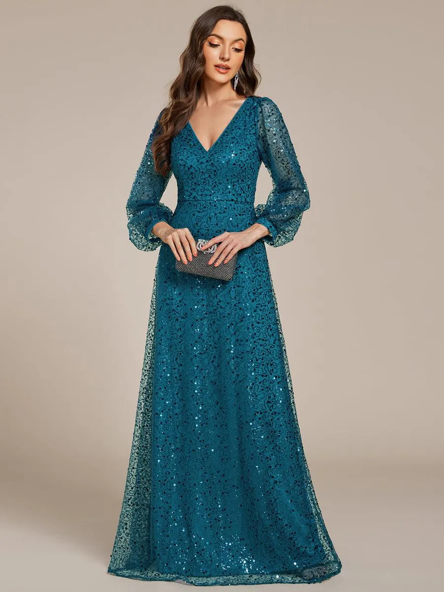 Robe de soirée trapèze à paillettes col en V manches longues et paillettes