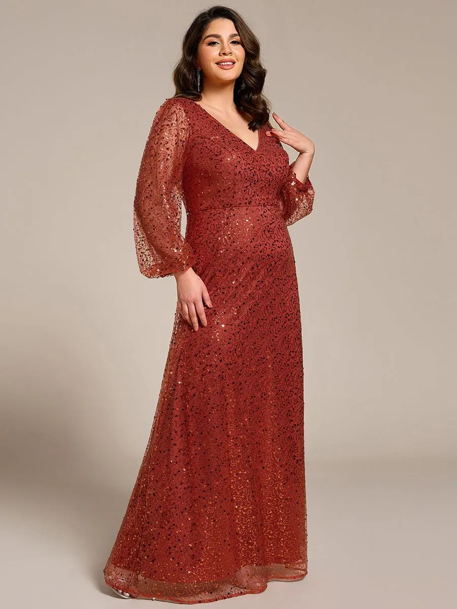 Robe de soirée trapèze à paillettes col en V manches longues et paillettes