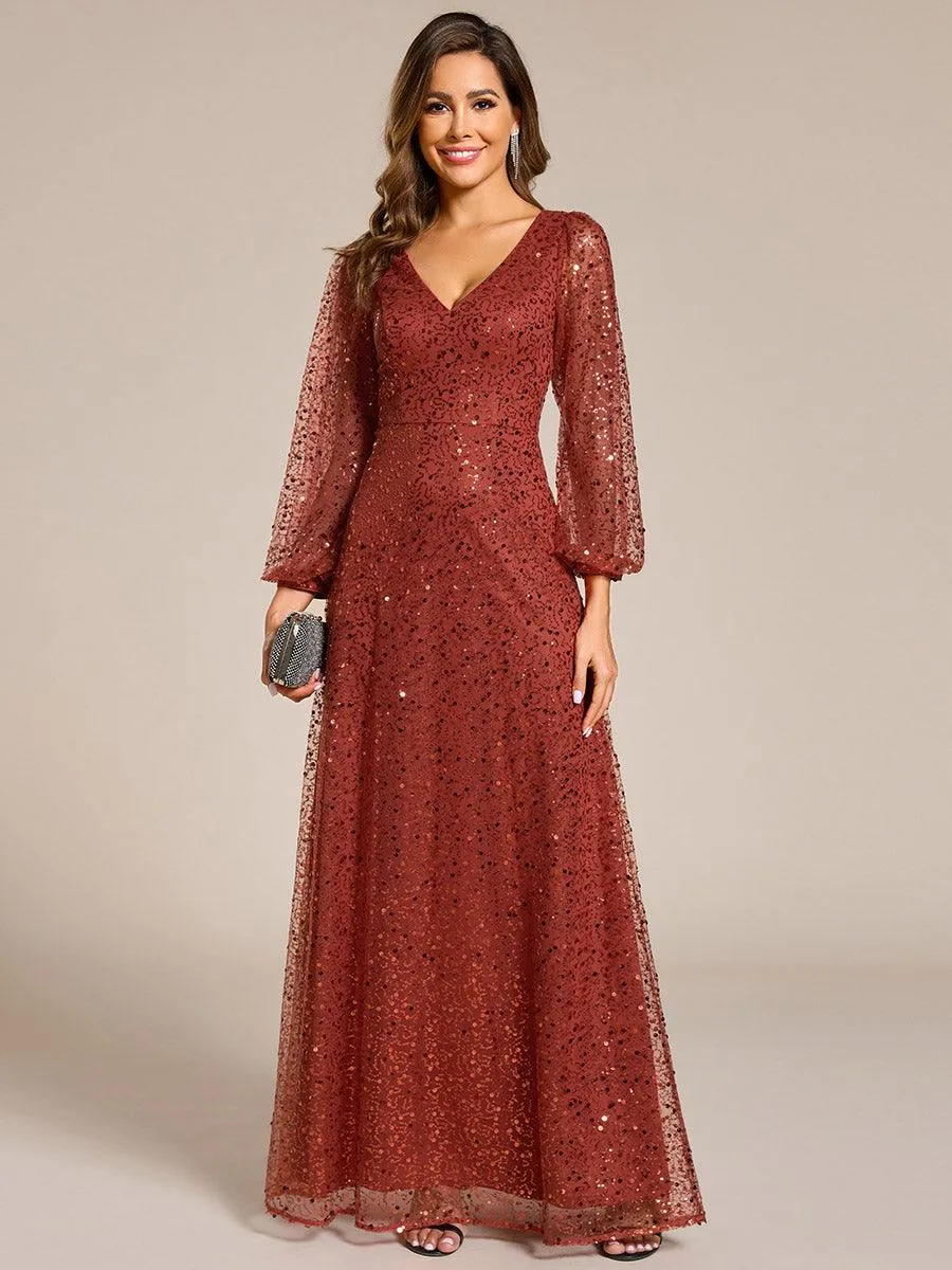 Robe de soirée trapèze à paillettes col en V manches longues et paillettes