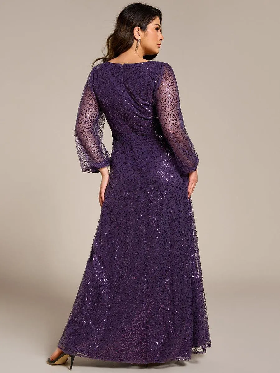 Robe de soirée trapèze à paillettes col en V manches longues et paillettes