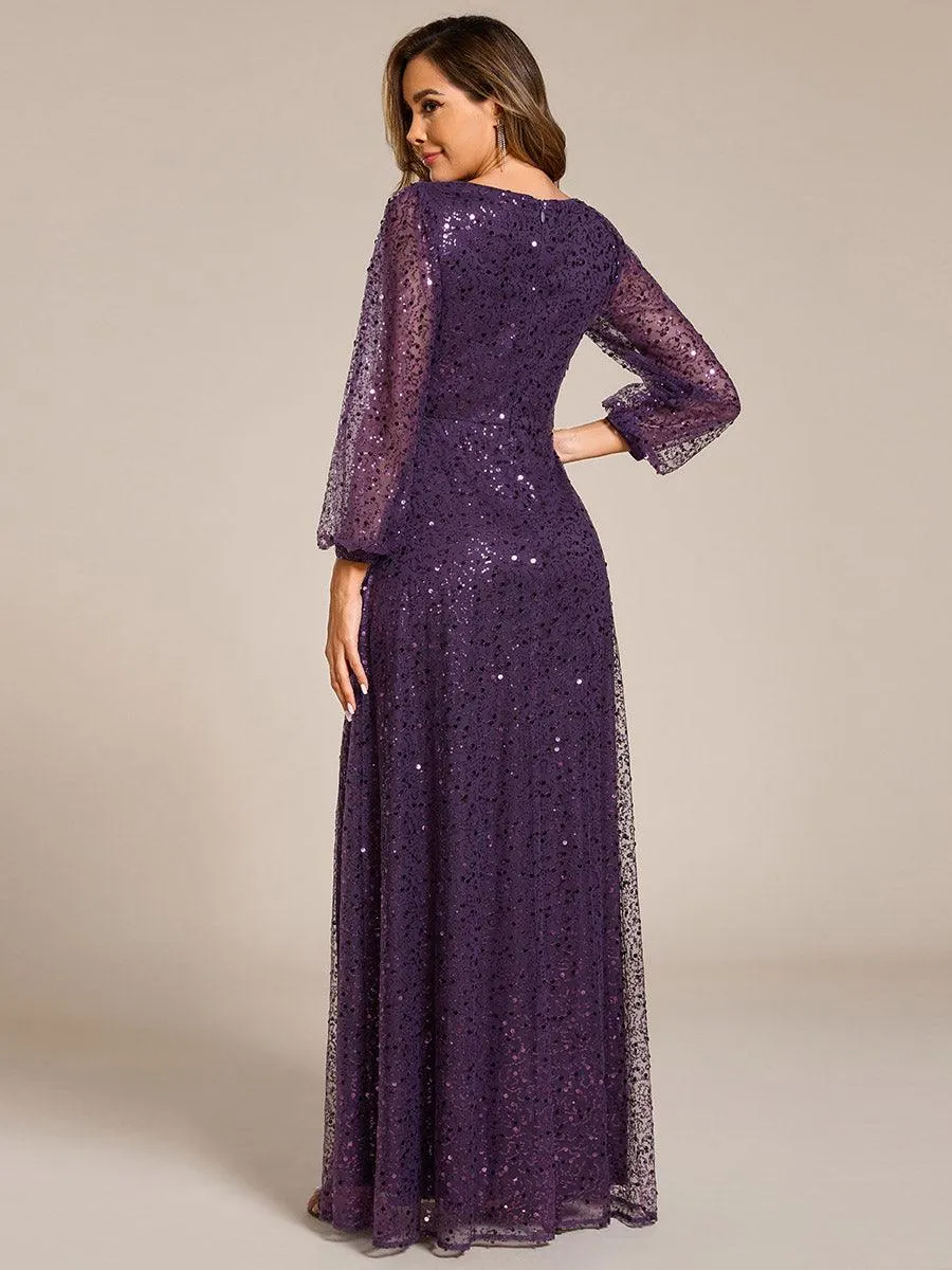 Robe de soirée trapèze à paillettes col en V manches longues et paillettes