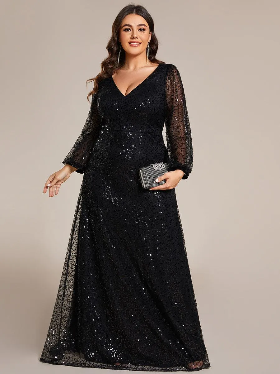 Robe de soirée trapèze à paillettes col en V manches longues et paillettes