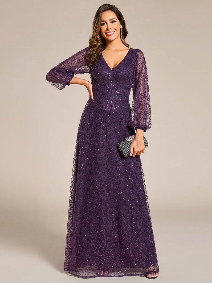 Robe de soirée trapèze à paillettes col en V manches longues et paillettes