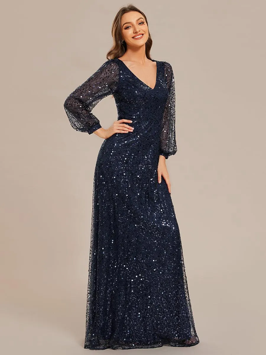Robe de soirée trapèze à paillettes col en V manches longues et paillettes
