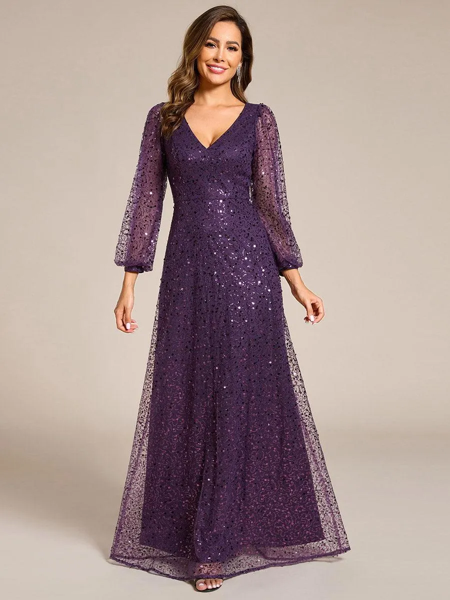 Robe de soirée trapèze à paillettes col en V manches longues et paillettes