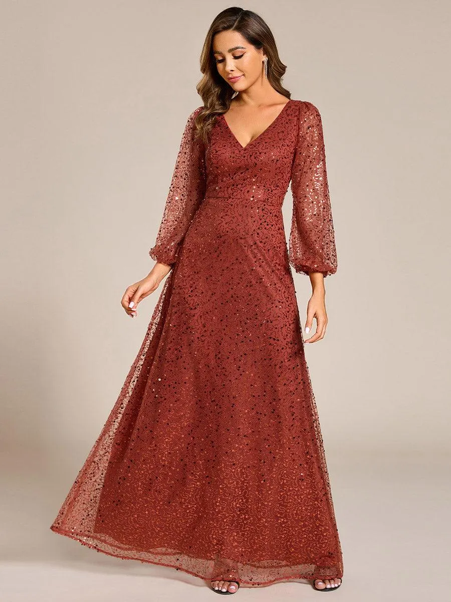 Robe de soirée trapèze à paillettes col en V manches longues et paillettes