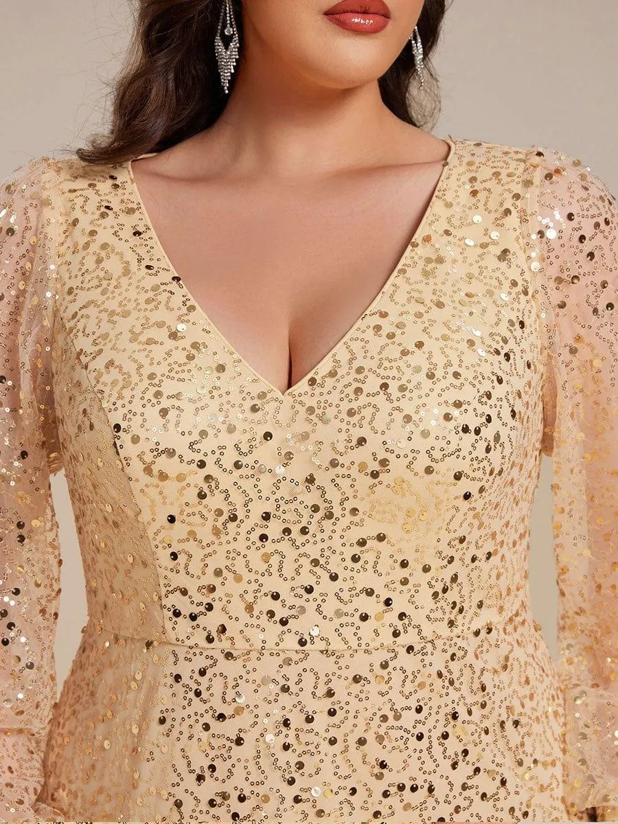 Robe de soirée trapèze à paillettes col en V manches longues et paillettes