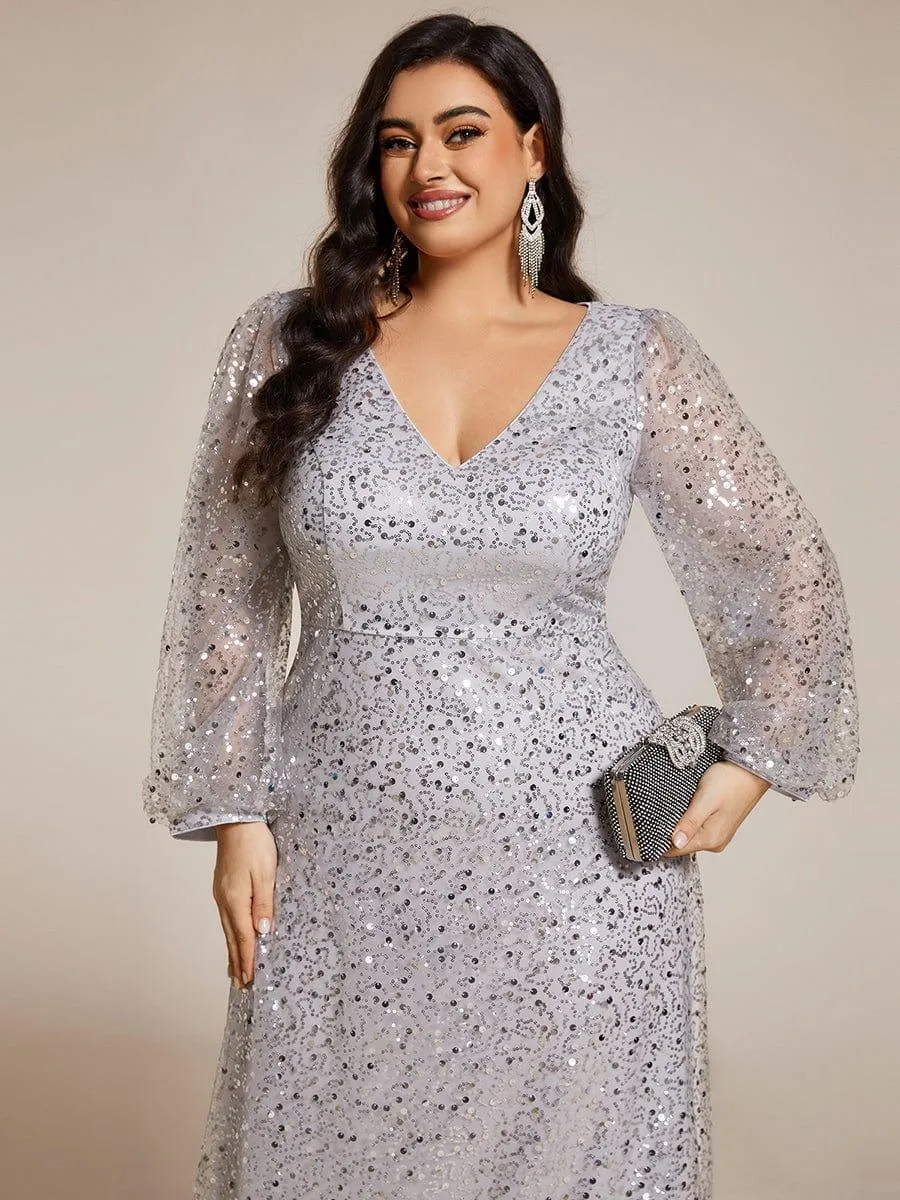 Robe de soirée trapèze à paillettes col en V manches longues et paillettes