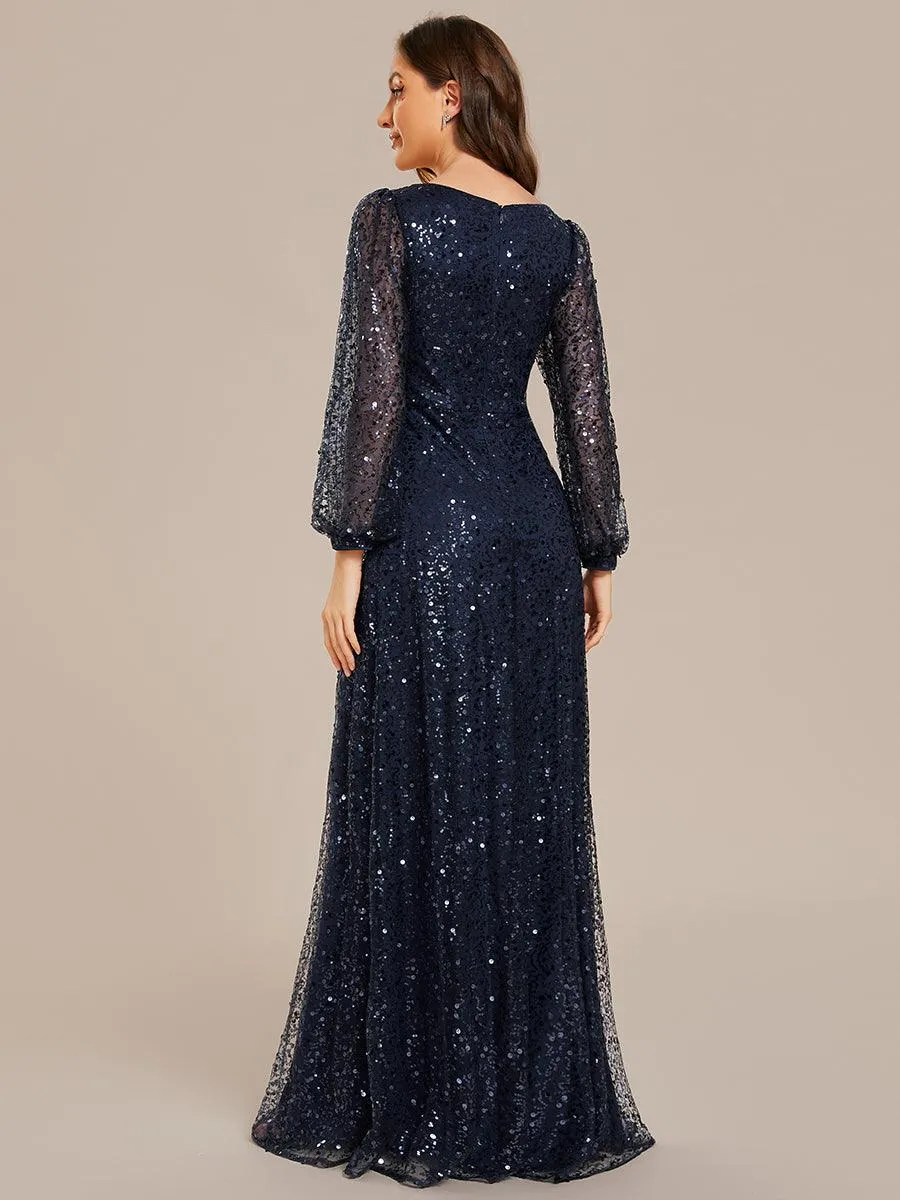 Robe de soirée trapèze à paillettes col en V manches longues et paillettes