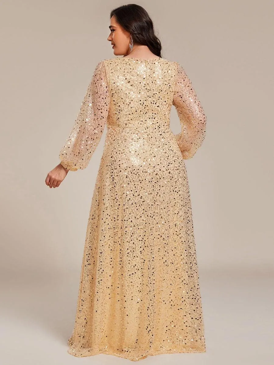 Robe de soirée trapèze à paillettes col en V manches longues et paillettes