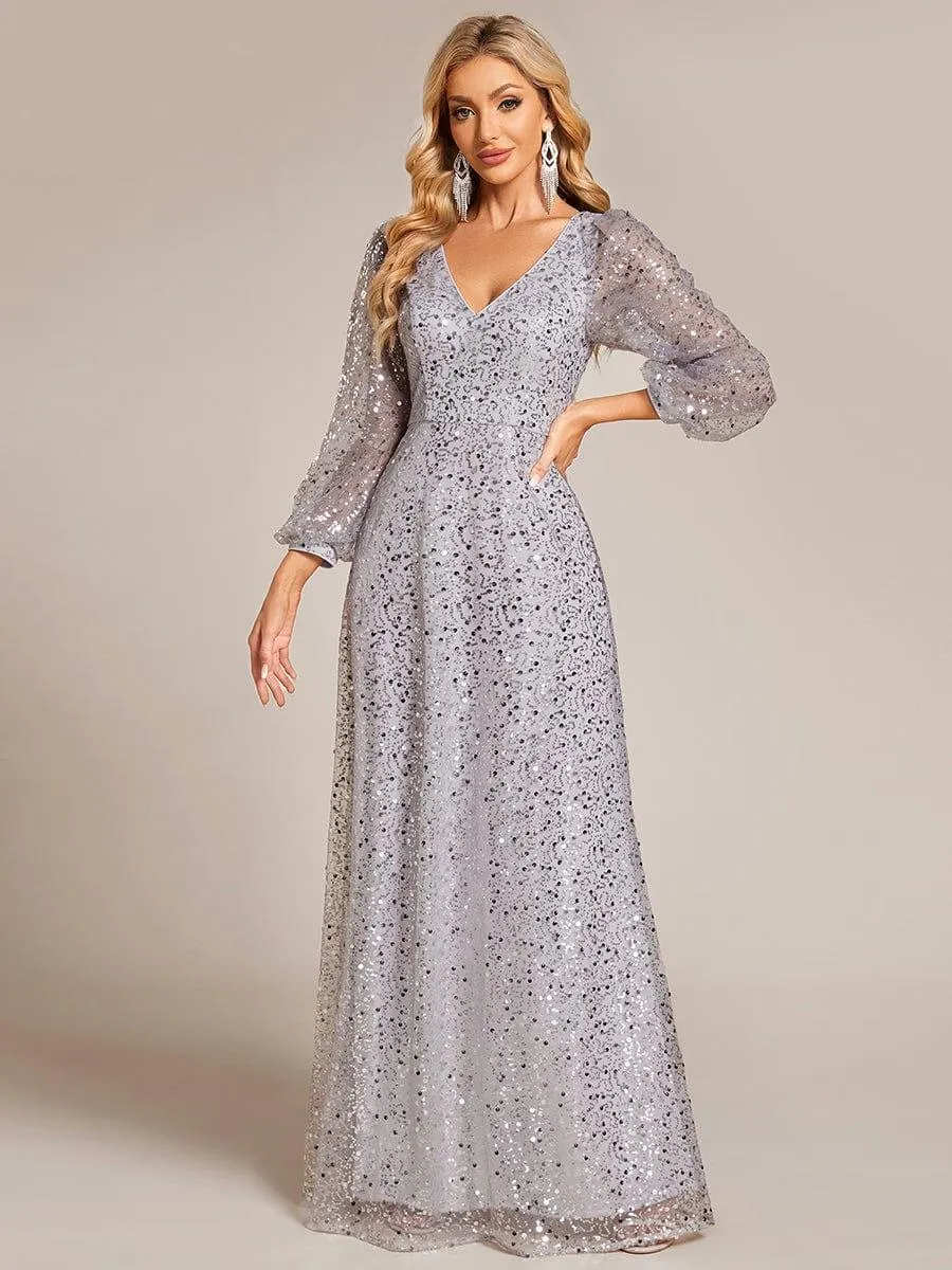 Robe de soirée trapèze à paillettes col en V manches longues et paillettes