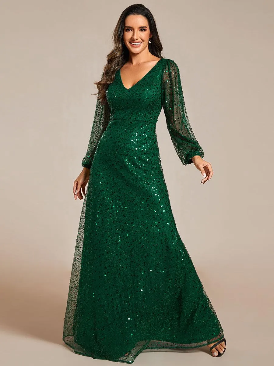 Robe de soirée trapèze à paillettes col en V manches longues et paillettes