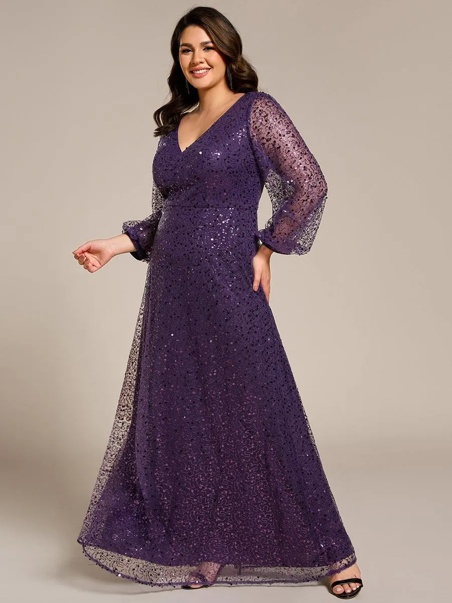 Robe de soirée trapèze à paillettes col en V manches longues et paillettes