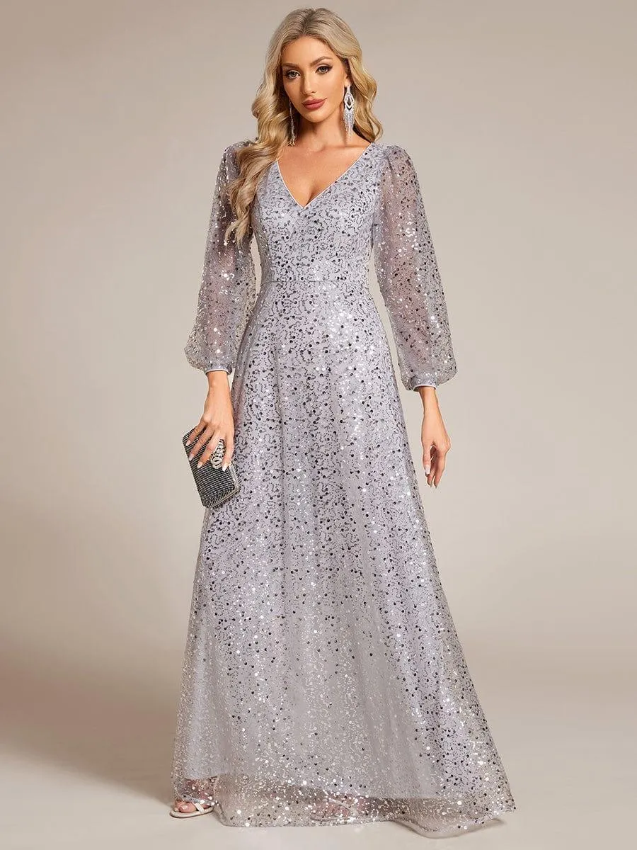 Robe de soirée trapèze à paillettes col en V manches longues et paillettes