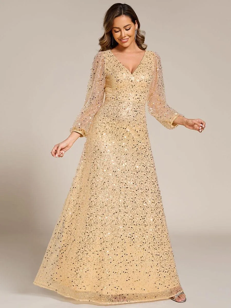 Robe de soirée trapèze à paillettes col en V manches longues et paillettes